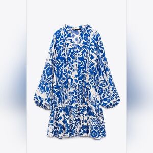 Zara White and Bright Blue Printed Peasant Dress